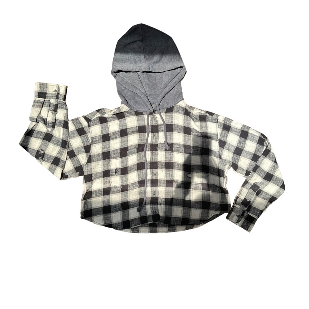American Eagle Black&White Plaid Cropped Button Up Flannel String Hoodie w/Rips